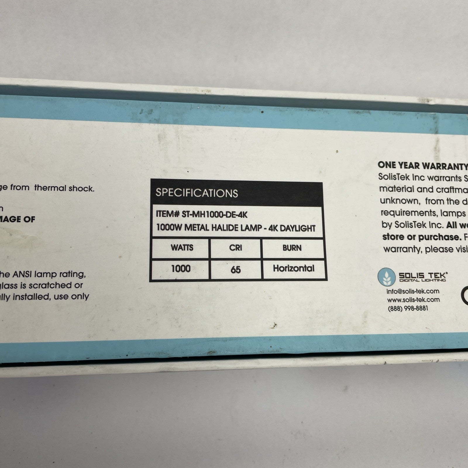 Solis Tek Double Ended 1000w DH Metal Halide - 4k White - Quality Plant Growth