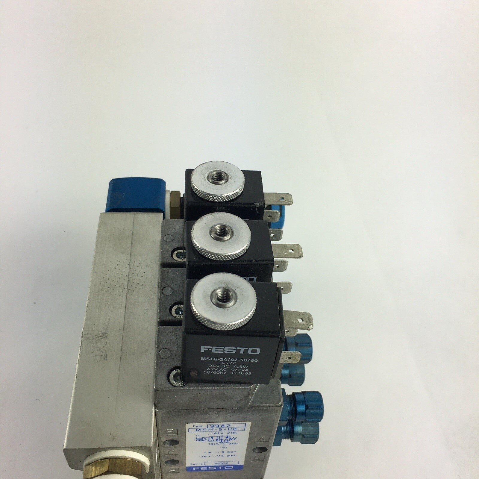 MO13 - Bank of 3 Festo PRS-1/8  3B Solenoid Valves, 2-Pos 3-Port 120psi 