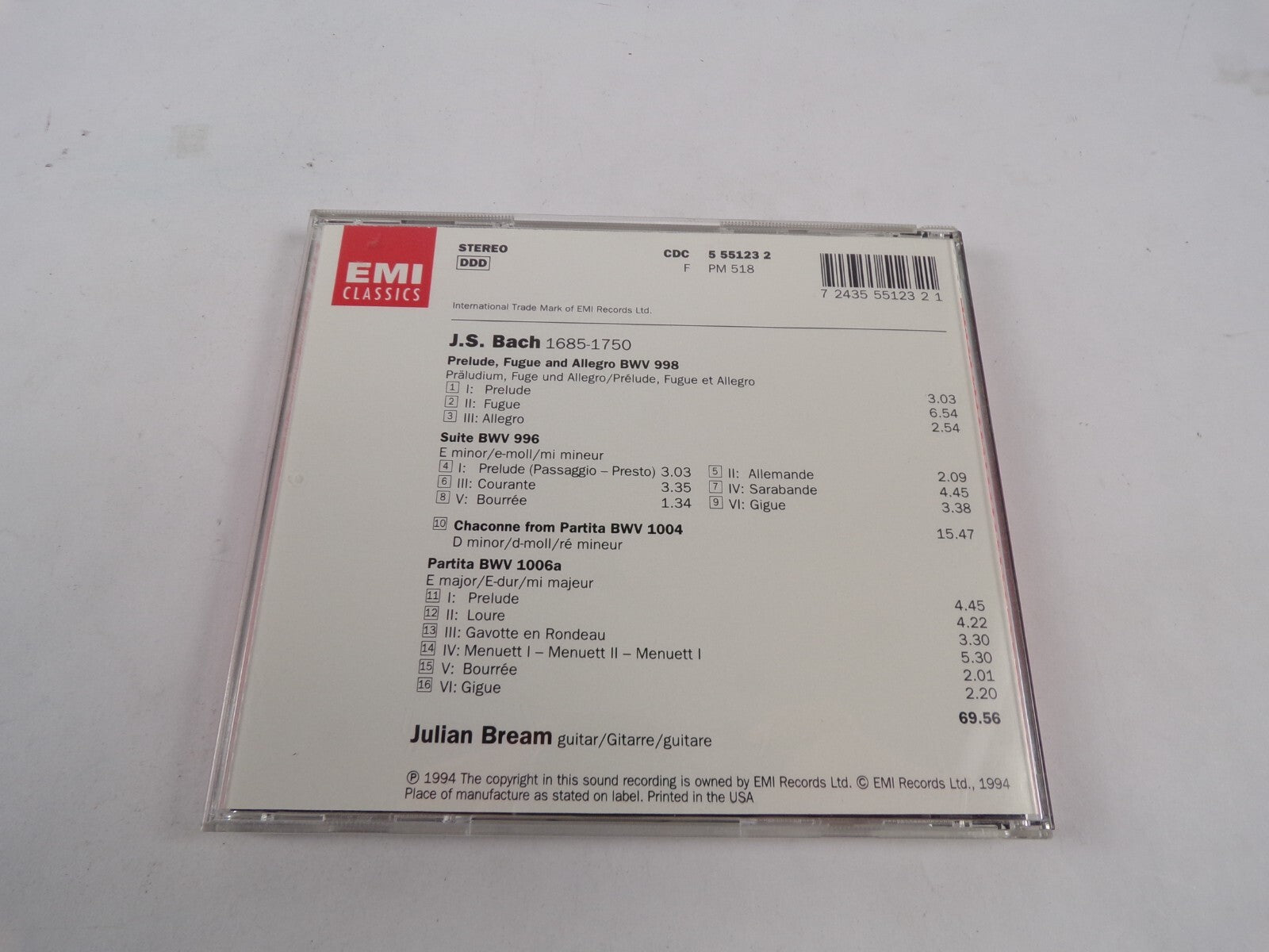 J.S.Bach Julian Bream Chaconne Suite In E Minor Partita In E Major Prelud CD #43