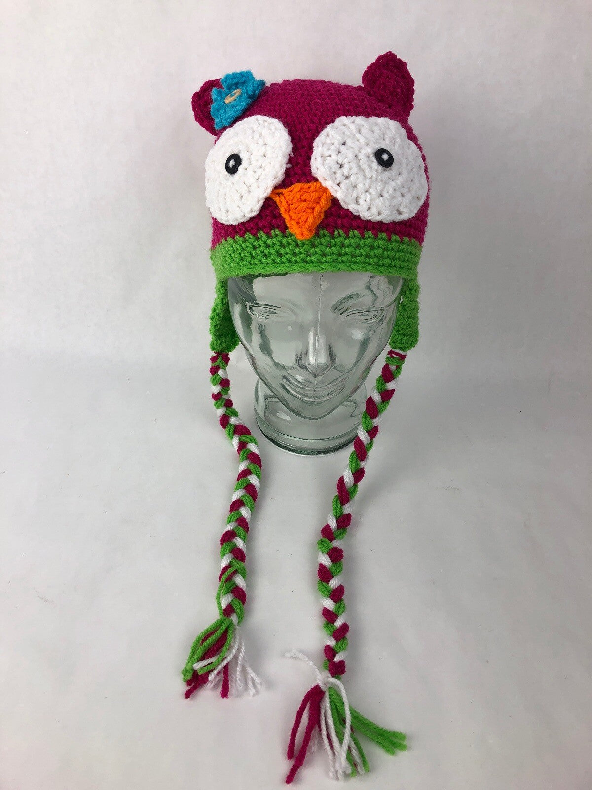 New Hand Knit Pink Green OWL FACE & Ears Winter HAT Cap Child Kids W Tie Straps