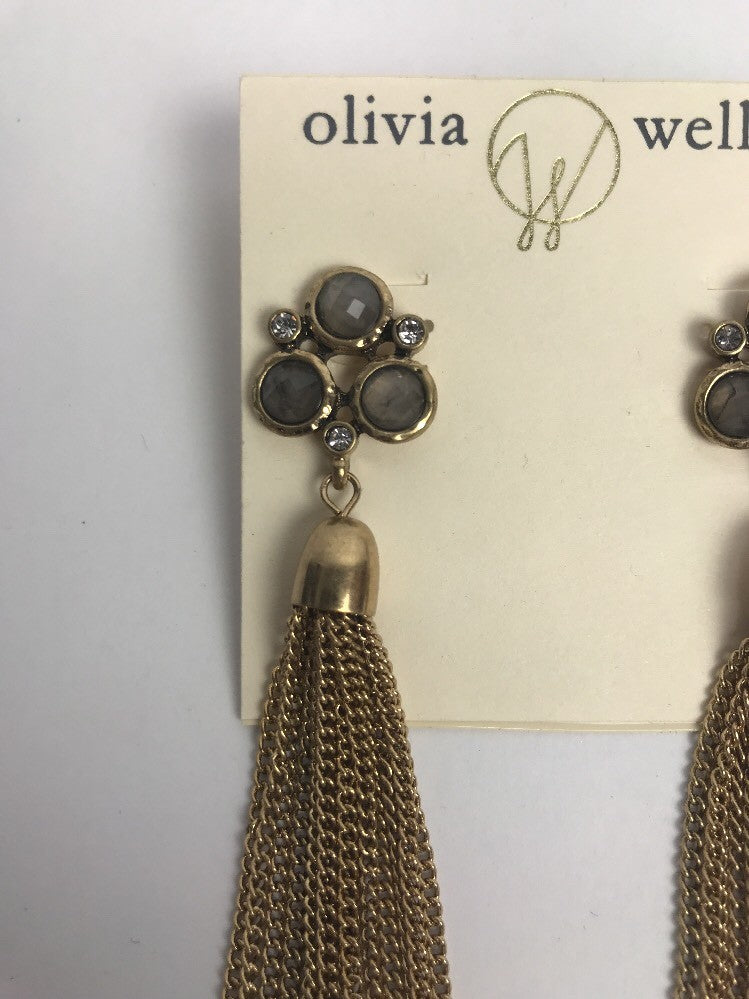 Beaded Round Stud Olivia Welles  and Tassel 4" Long Drop Earrings GOLD Crystal