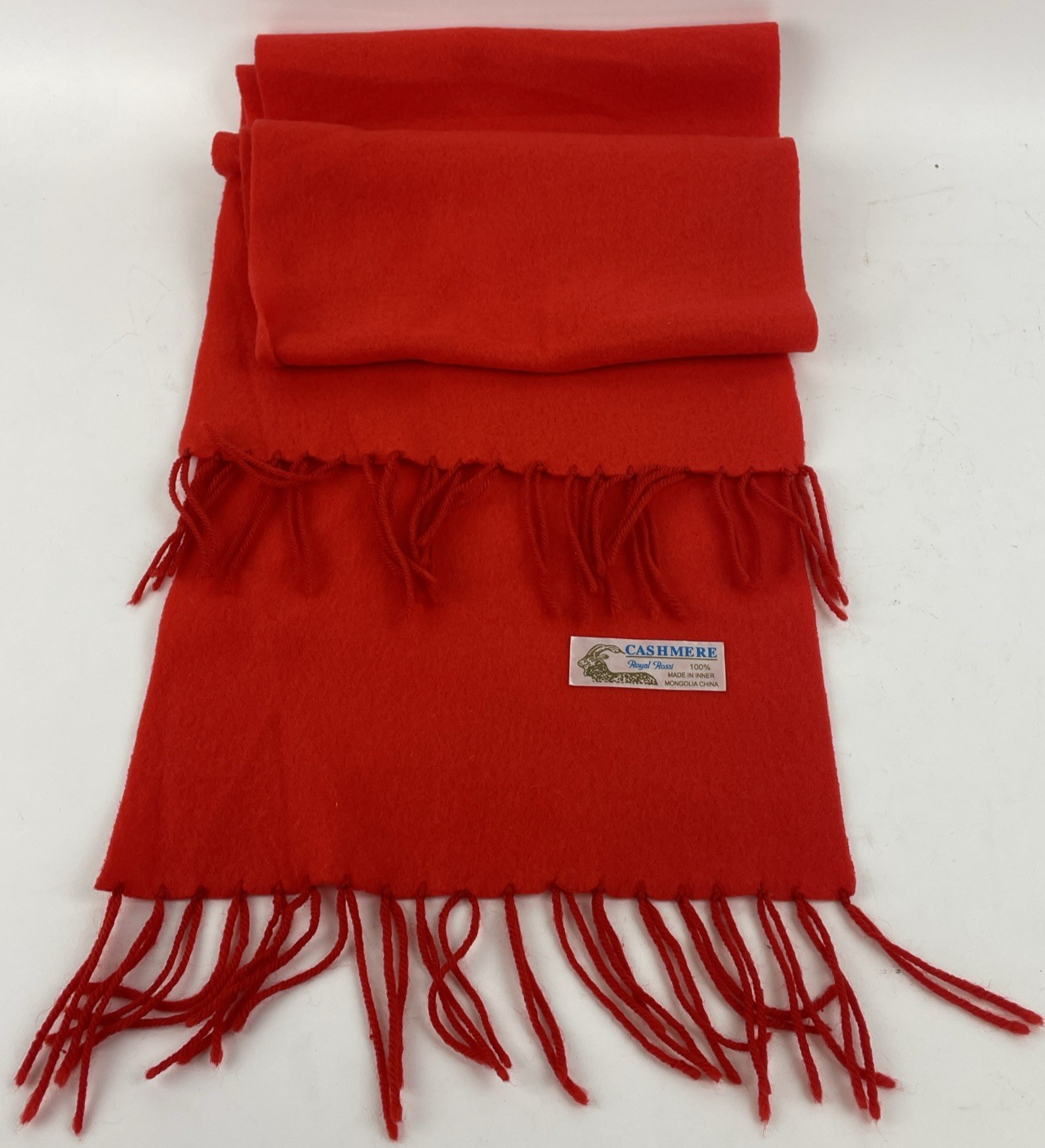 Royal Rossi Black Red Orange Plaid Fringe 100% Mongolian Cashmere Scarf 11”x60”