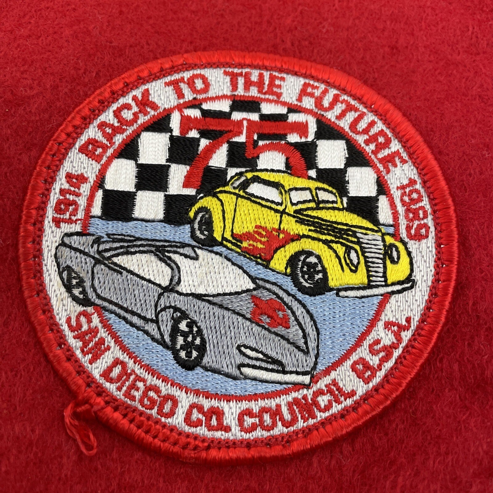 Vintage 1980's Red Felt Boy Scout Vest With 7 Patches 89 Olympics Pinewood Derby
