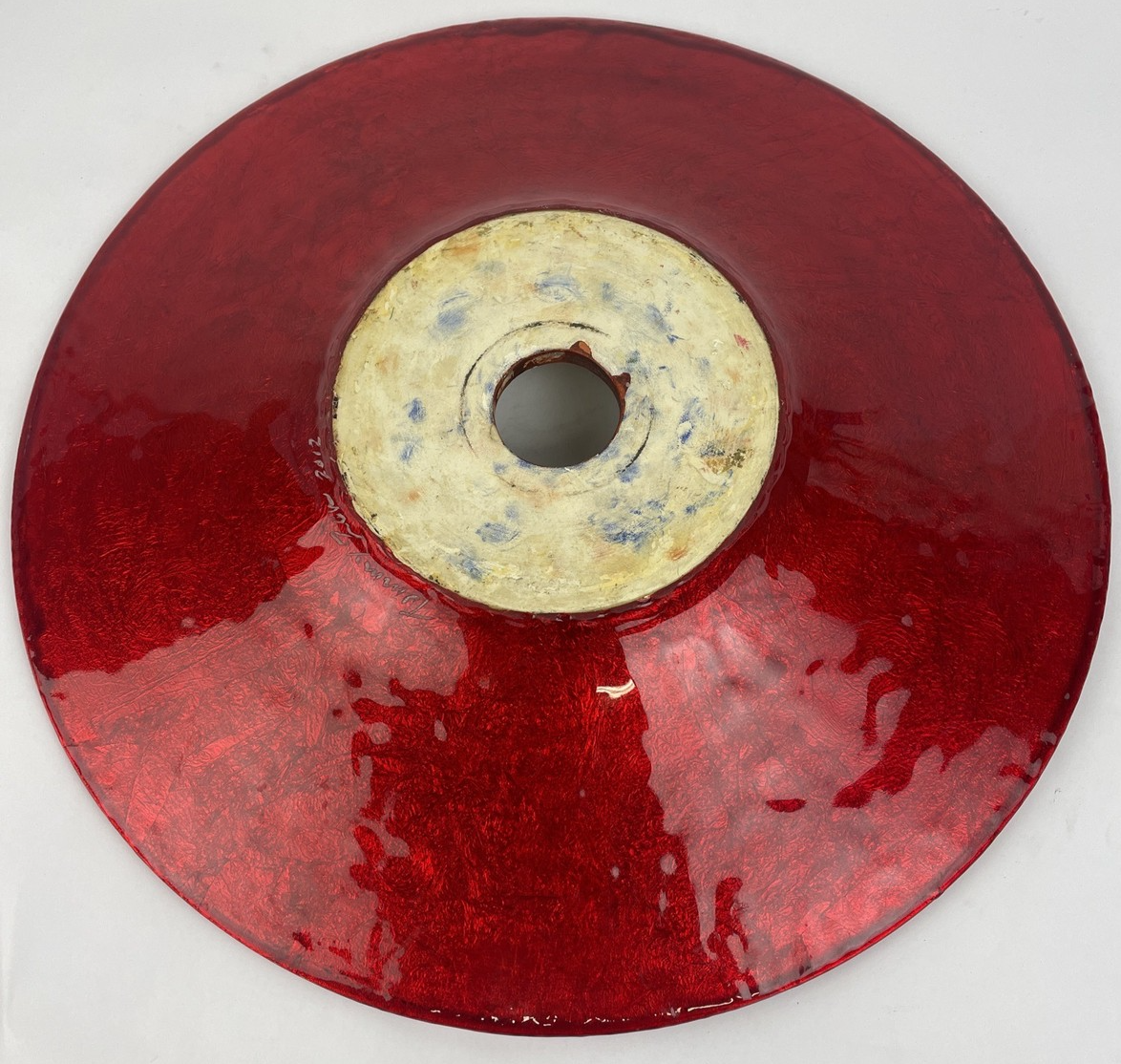 Round Designer Glass Vessel Sink Creme w Metal Red Modern Decor Design OD 15.25"