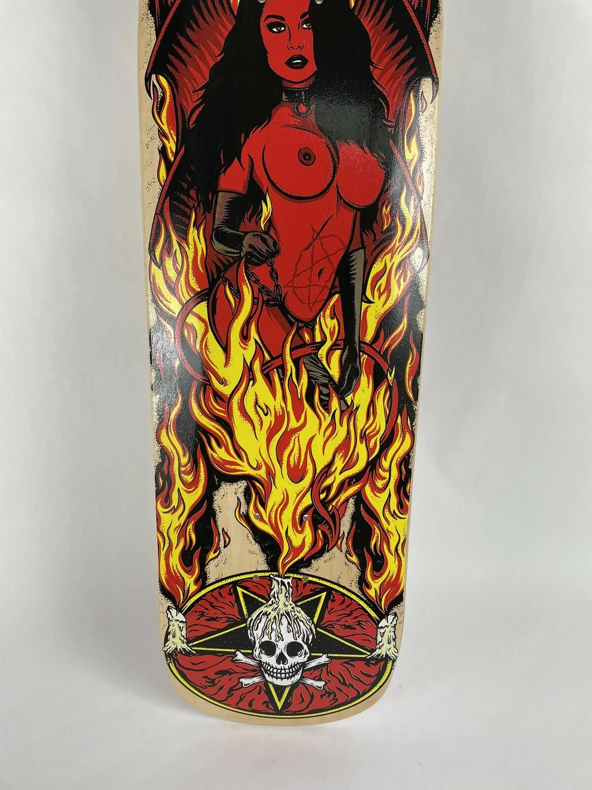 Death Skateboards Benson Red Devil Woman Pro 9-inch shovel pool skateboard deck with free grip tape and premium Canadian maple construction.