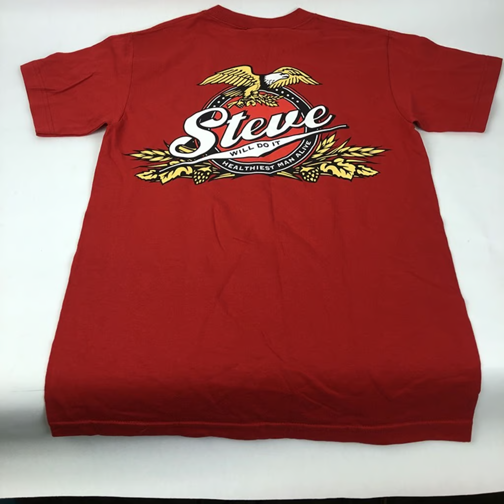 RED Full Send Steve Will Do It " Healthiest Man Alive " T-Shirt Small NWOT