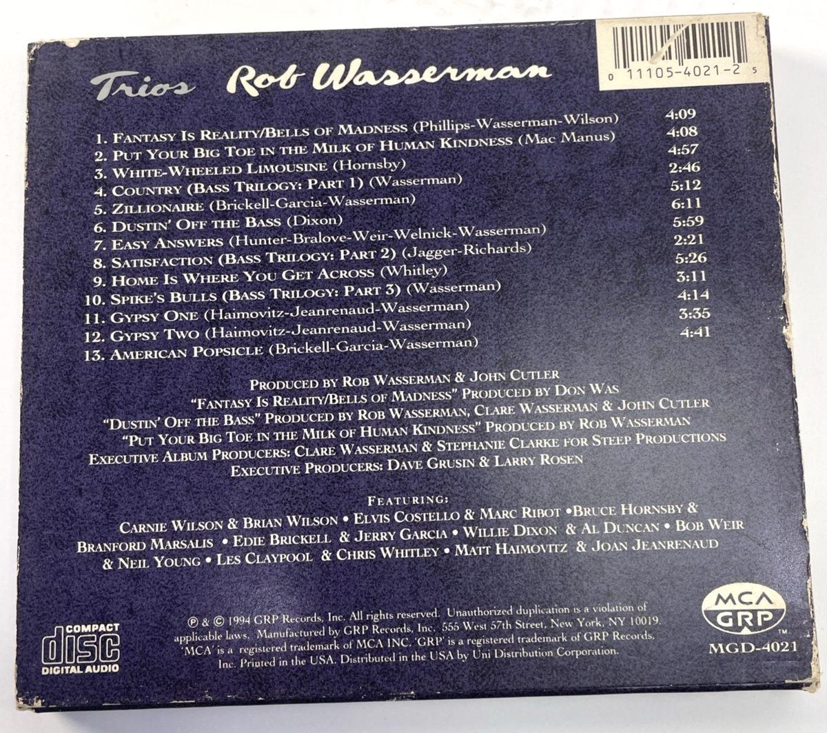 Rob Wasserman Music Digital Audio CD - Trios featuring Various Artists MCA