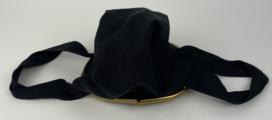 Ingber Evening Black Crepe Handbag Clutch Clamshell Gold RS Clasp USA VINTAGE