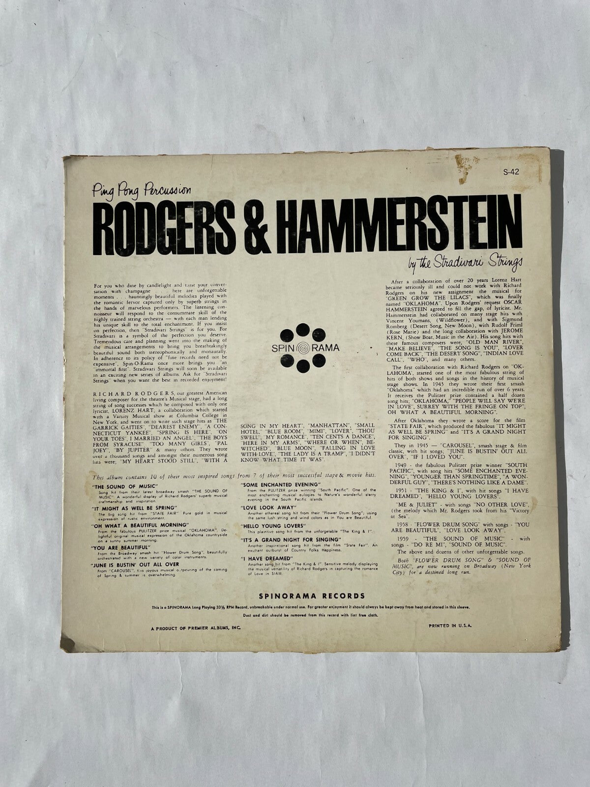 Rodgers & Hammerstein Carousel Oklahoma State Fair The King & I Vinyl Record Q10