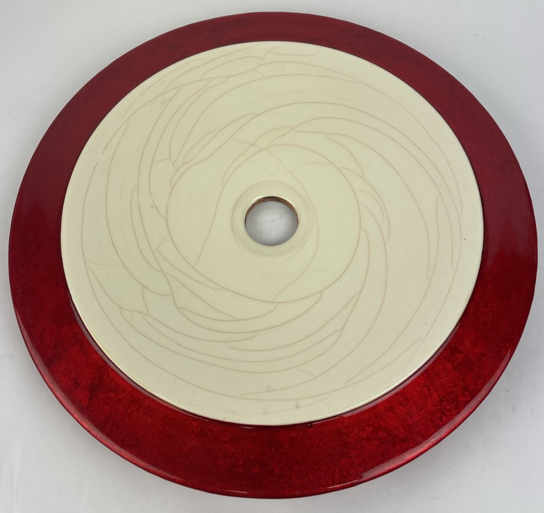 Round Designer Glass Vessel Sink Creme w Metal Red Modern Decor Design OD 15.25"