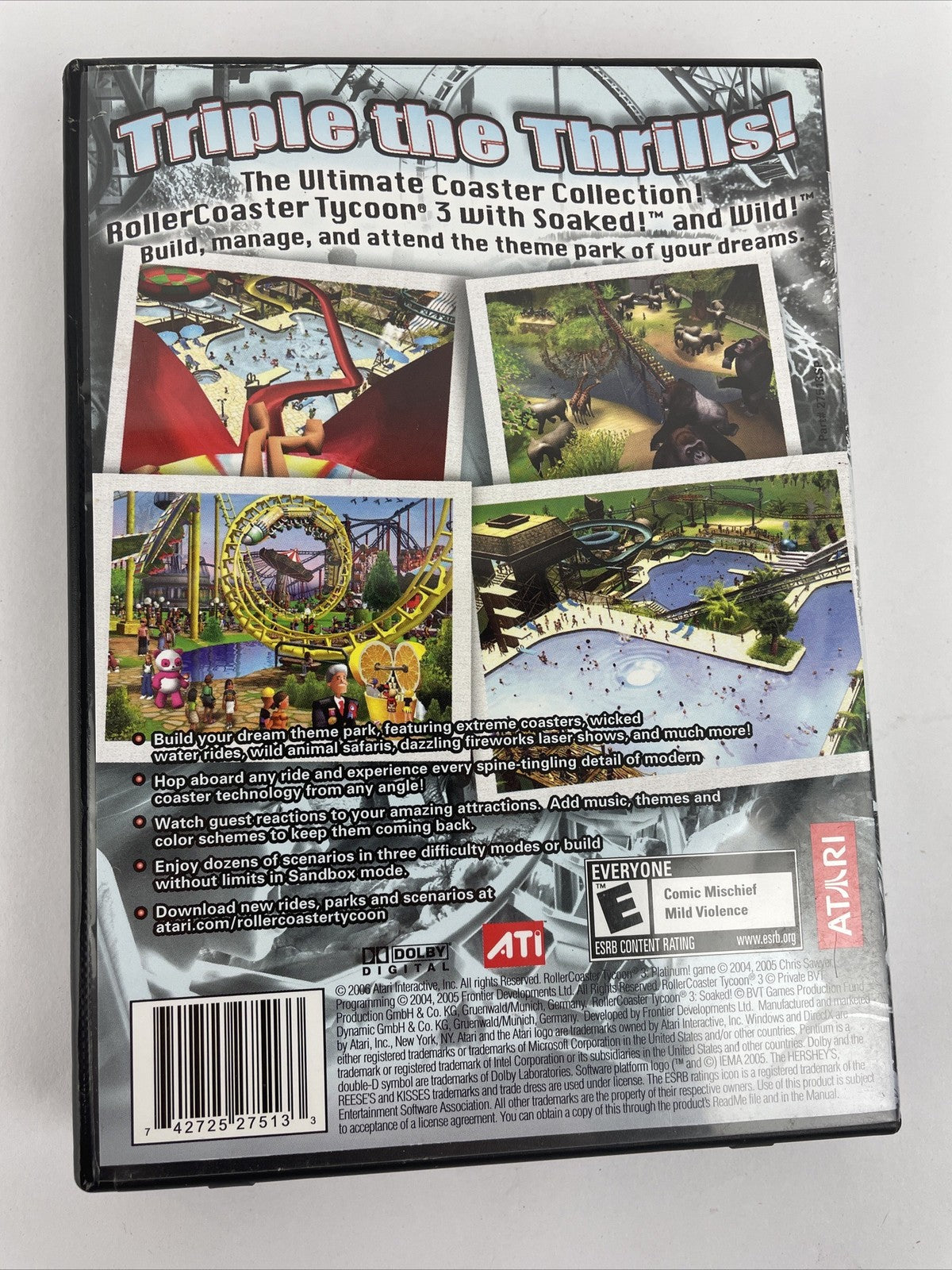 ATARI 2006 Roller Coaster Tycoon 3 Platinum PC CD-Rom Video Game Soaked Wild