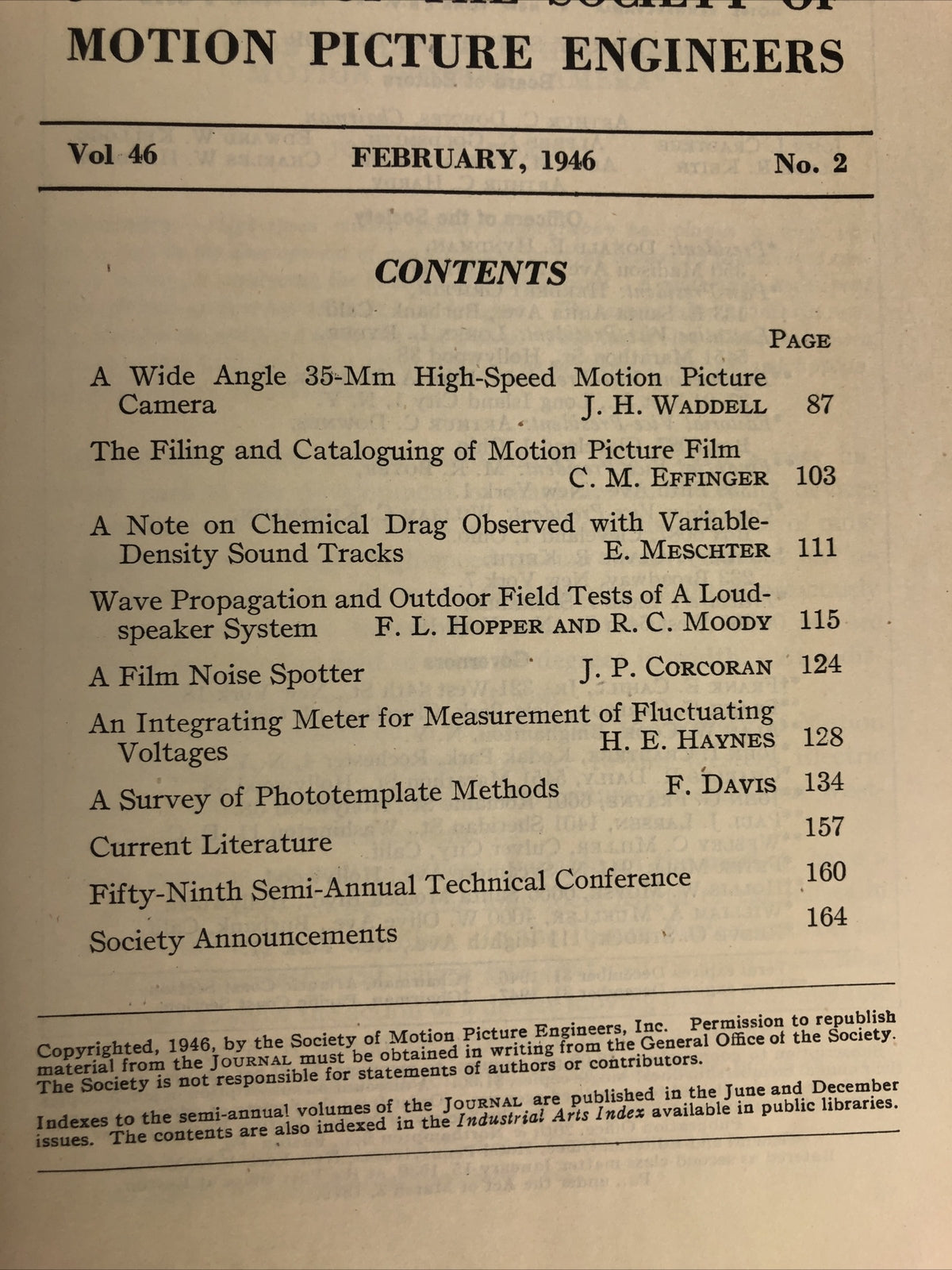 SMPE Journal Of The Society Of Motion Picture Engineers February 1946 VOL 46 No2