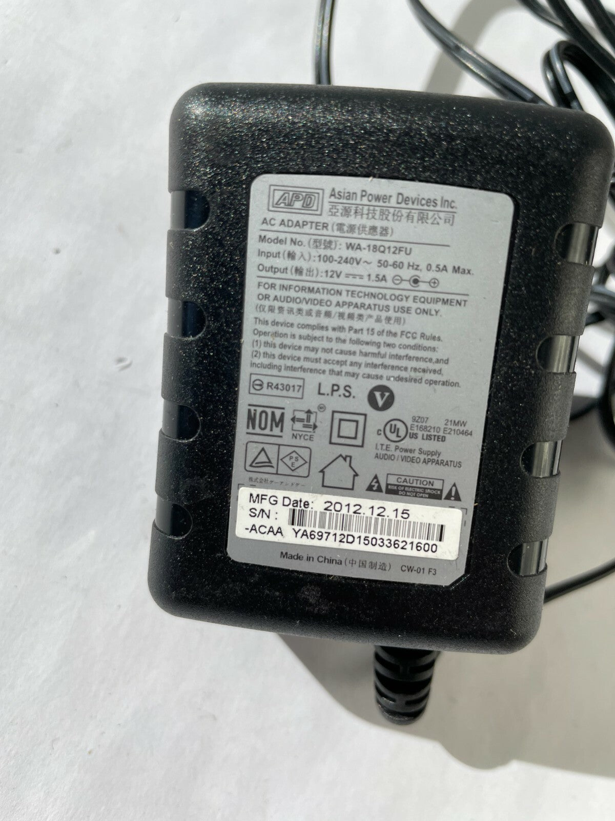Genuine Asian Power WA-18Q12FU Output 12 V 1.5 A Power Supply Adapter A81