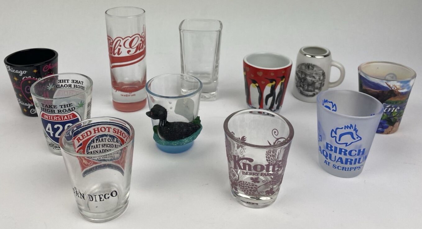 Lot of 11 Vintage Collectible Shot Glasses U.S. INT. Souvenir Toothpick Holder