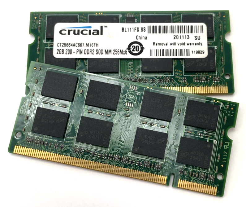 Lot of 2 x Crucial, 2gb 200 pin DDR2 SODIMM, 256Mx64 RAM