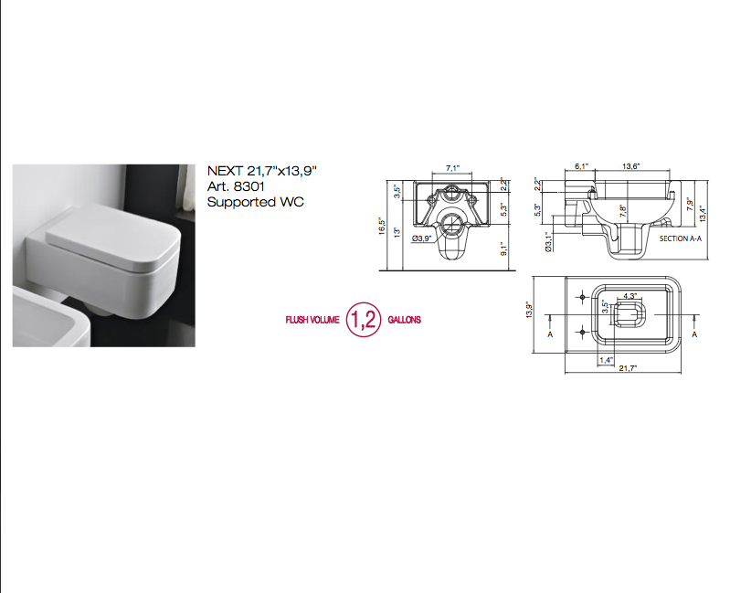 Scarabeo 8301 Bathroom Modern Wall Mount Toilet Ceramic Squared