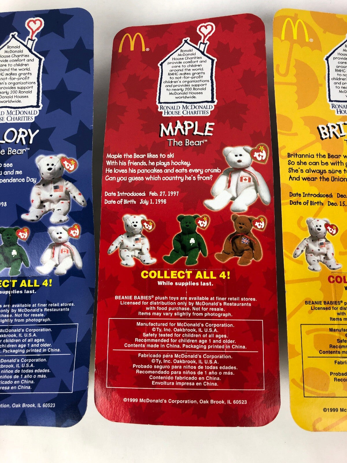 Ty 1999 McDonalds TBB International Bears 4 pc set Glory Britania Erin & Maple
