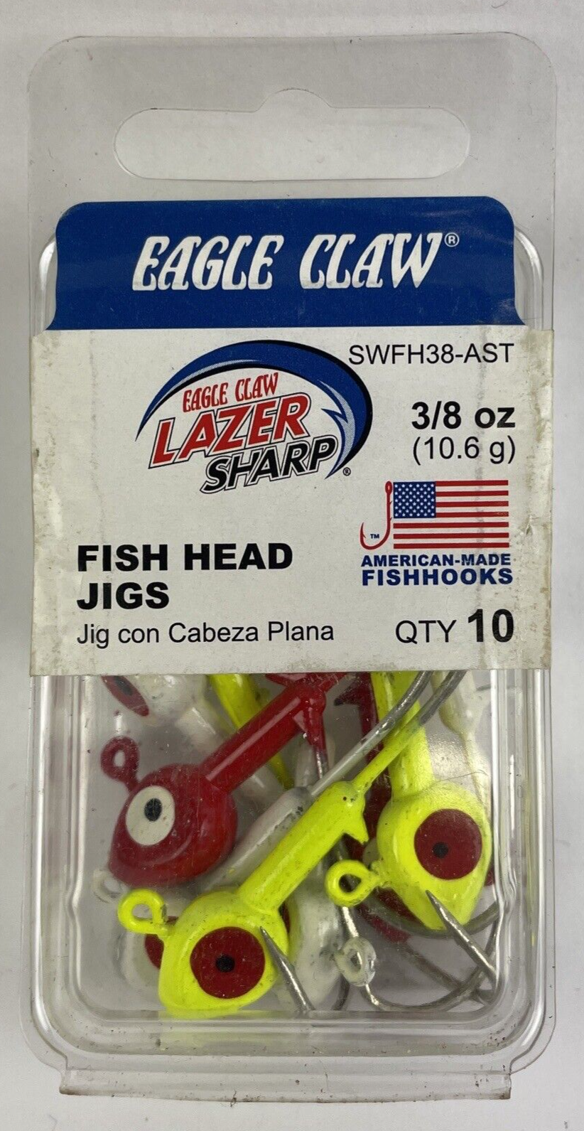 10 x Eagle Claw 3/8oz 10.6g Green, Red, & White Fish Head Jigs Lazer Sharp LOOK