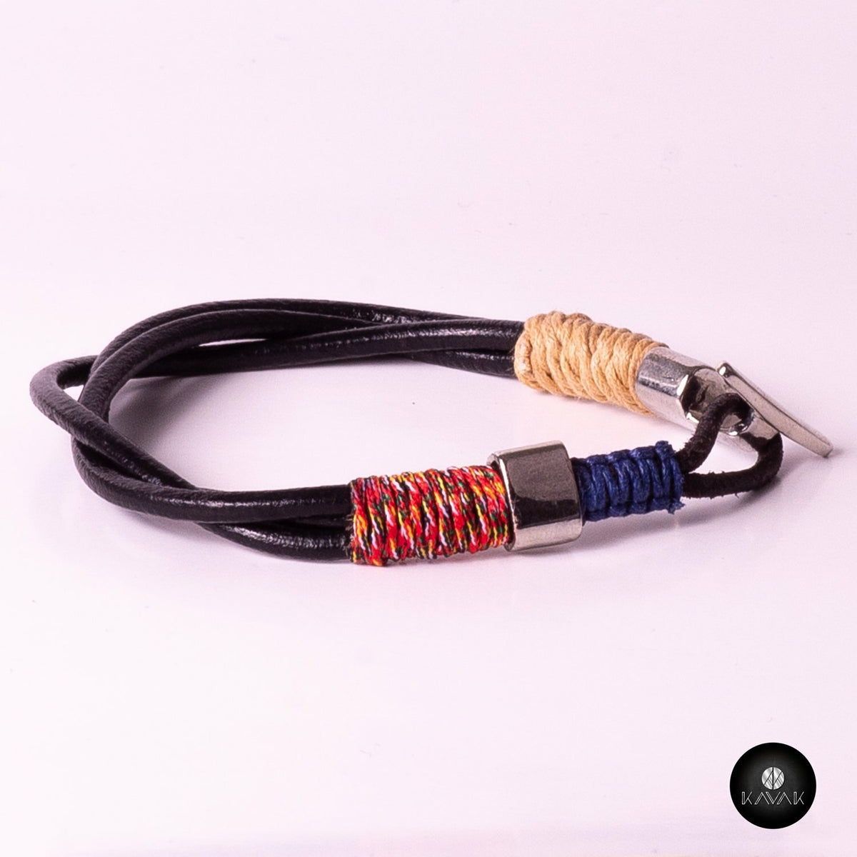 Kavak - Handmade Braided Leather Cords (Blue-White) Adjustable Men's Bracelet 