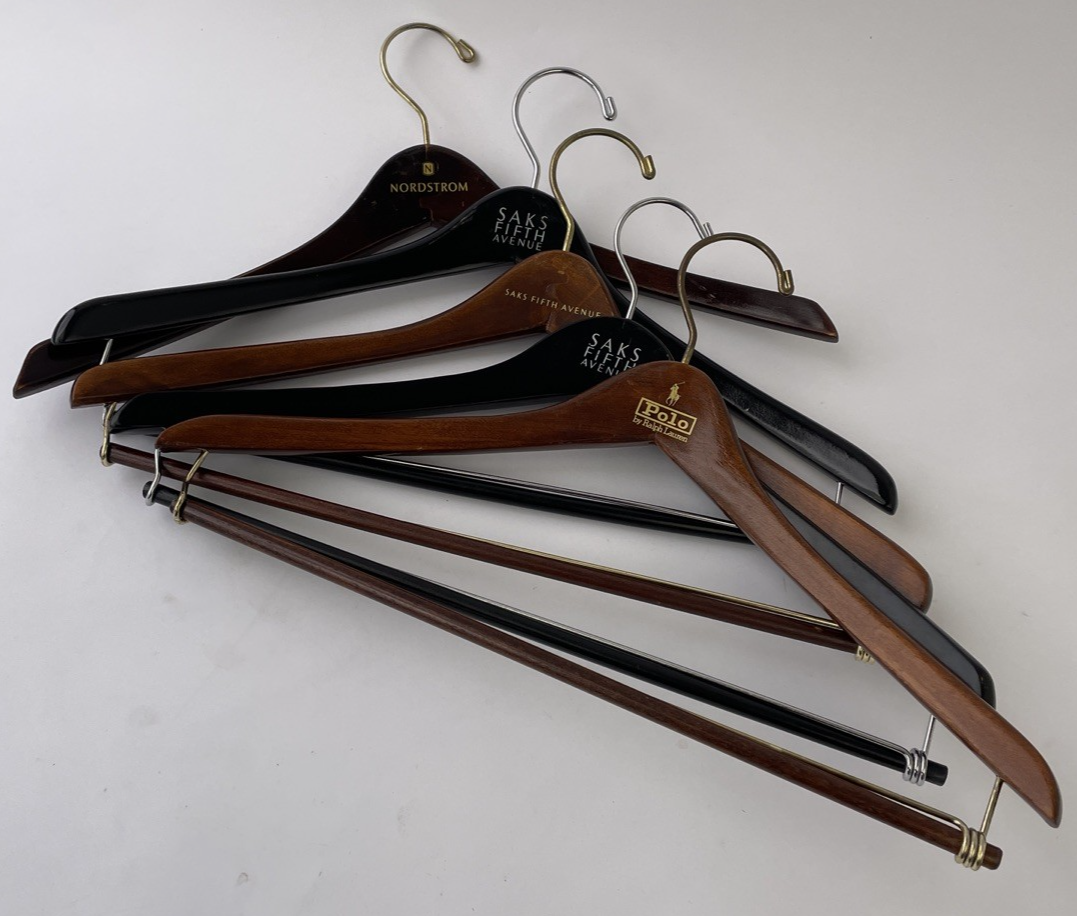 6 x Vintage Wooden Coat Shirt Jacket Hangers Pants Brown Nordstrom Polo Saks 5th