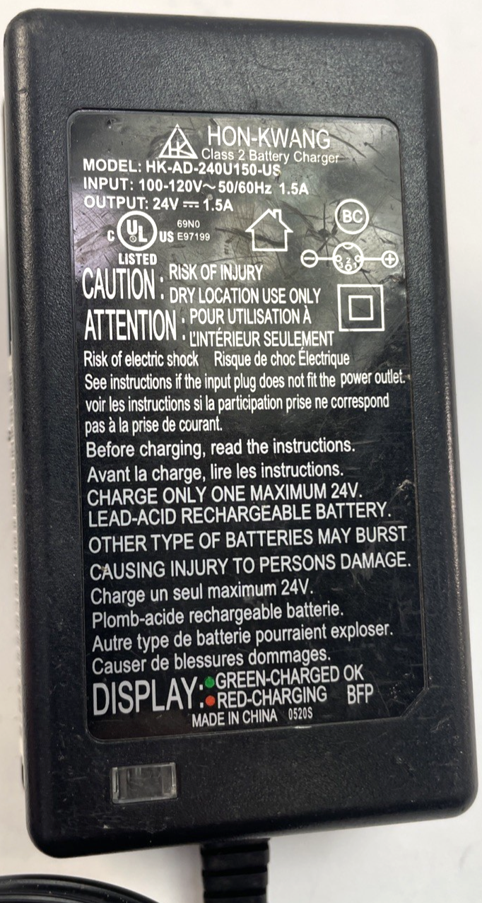 Hon-Kwang HK-AD-240U150-US  Power Supply RAZOR Battery Charger 24V 1.5A      A00