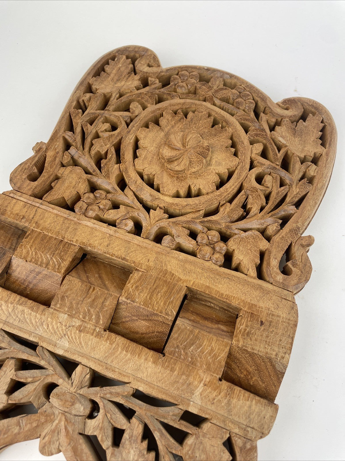 Vintage Hand Carved Wooden Open Book Holder Folding Display Bible, Cookbook Rack
