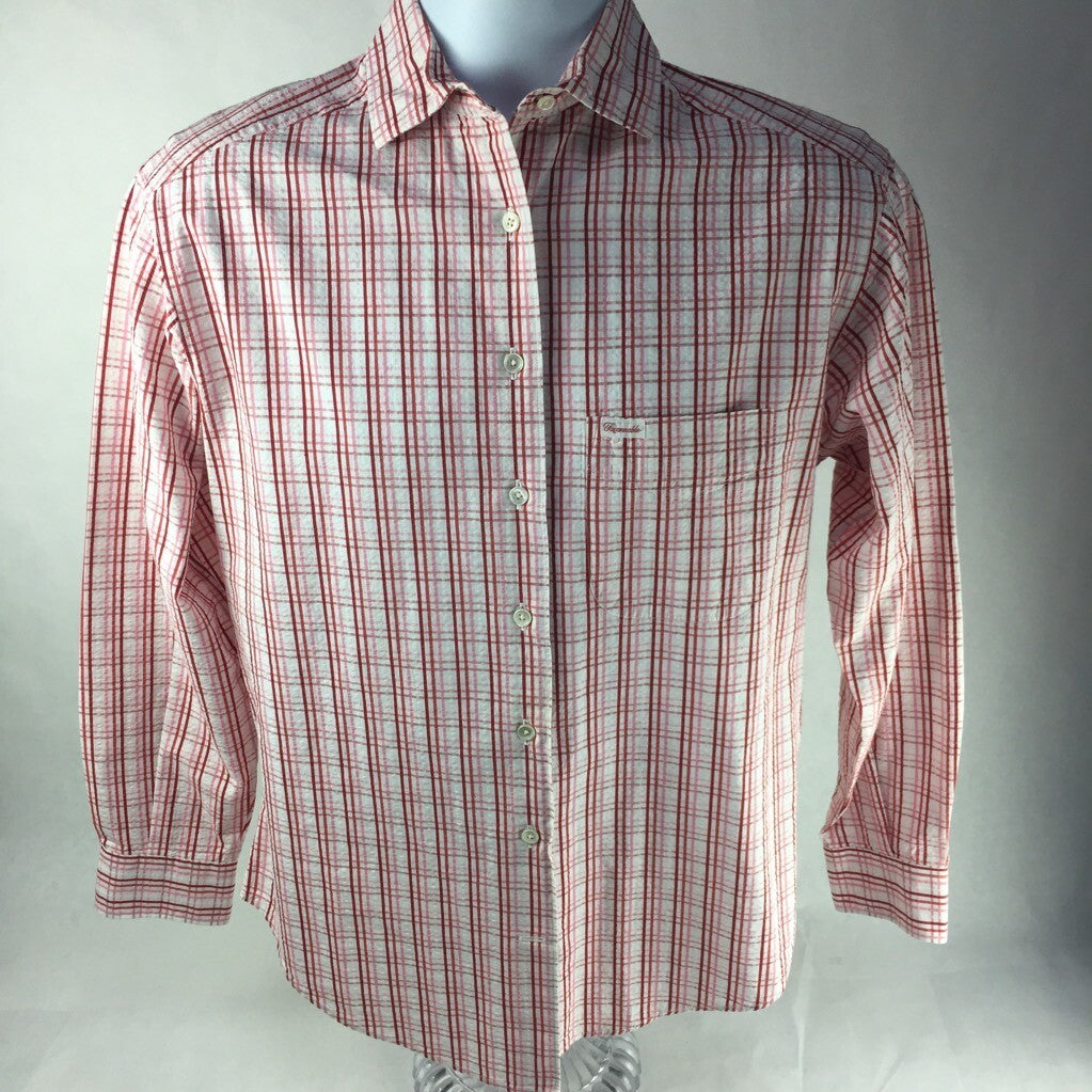Faconnable Mens Button Front Shirt Pink White Plaid Long Sleeves 100% Cotton XS