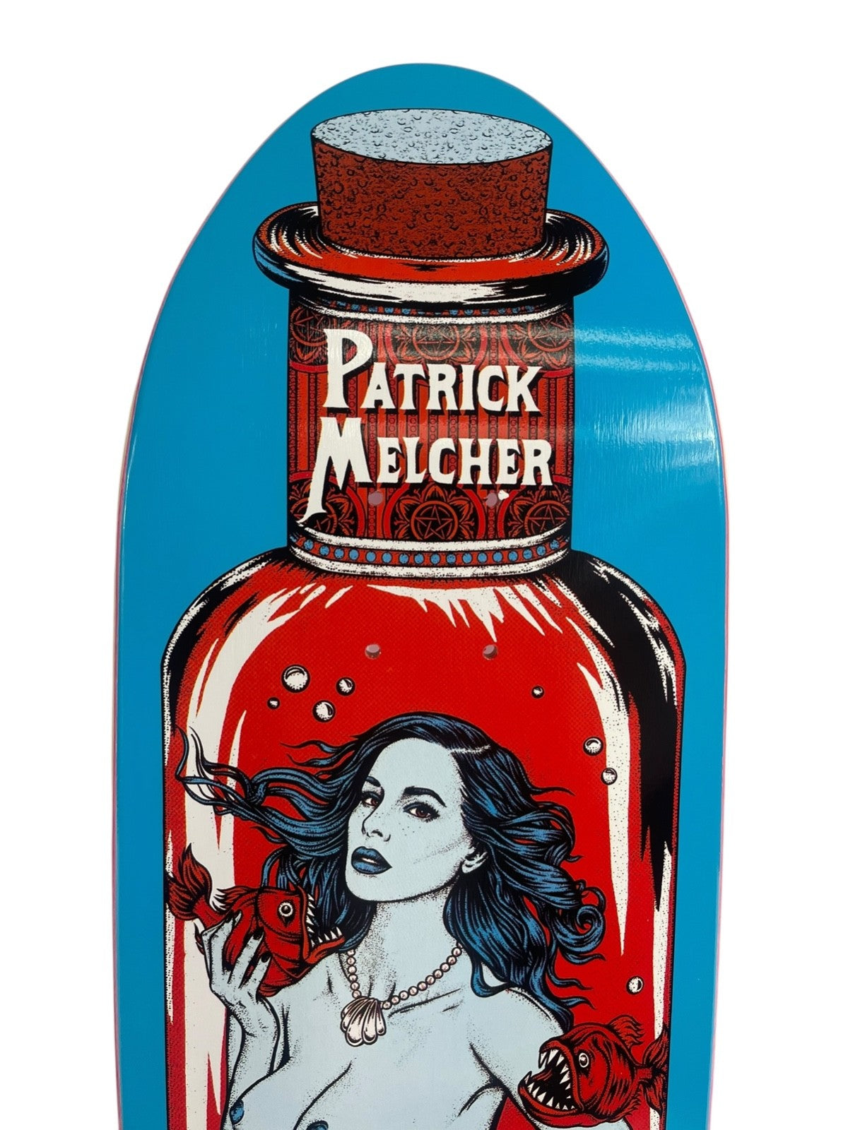 Death Skateboards Patrick Melcher Blue Mermaid 9-inch pool shape skateboard deck with free grip tape and free shipping.