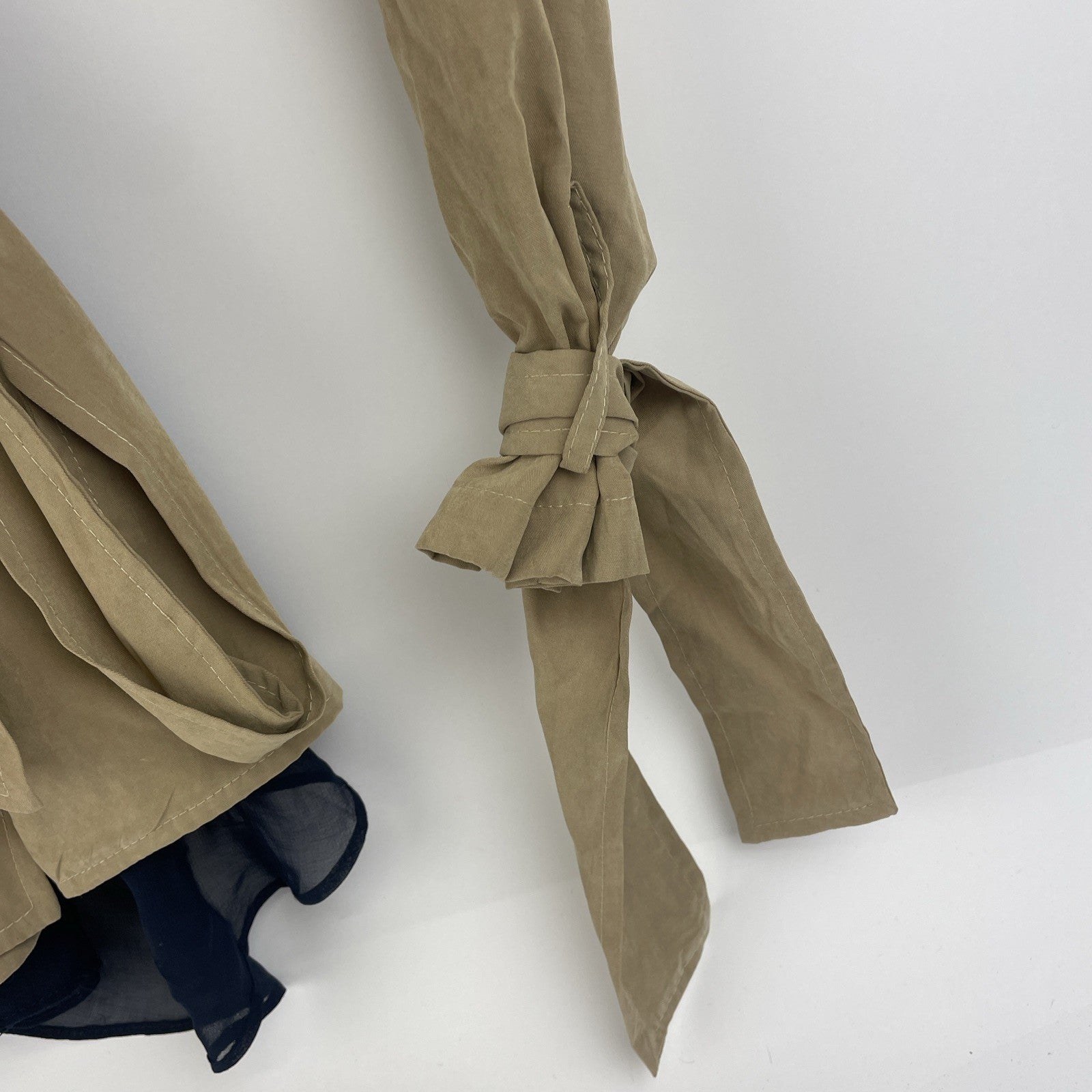 Audrey Belted Cropped Tan Trench Coat w Wide Lapels Sheer Nany Mesh Back Sz M