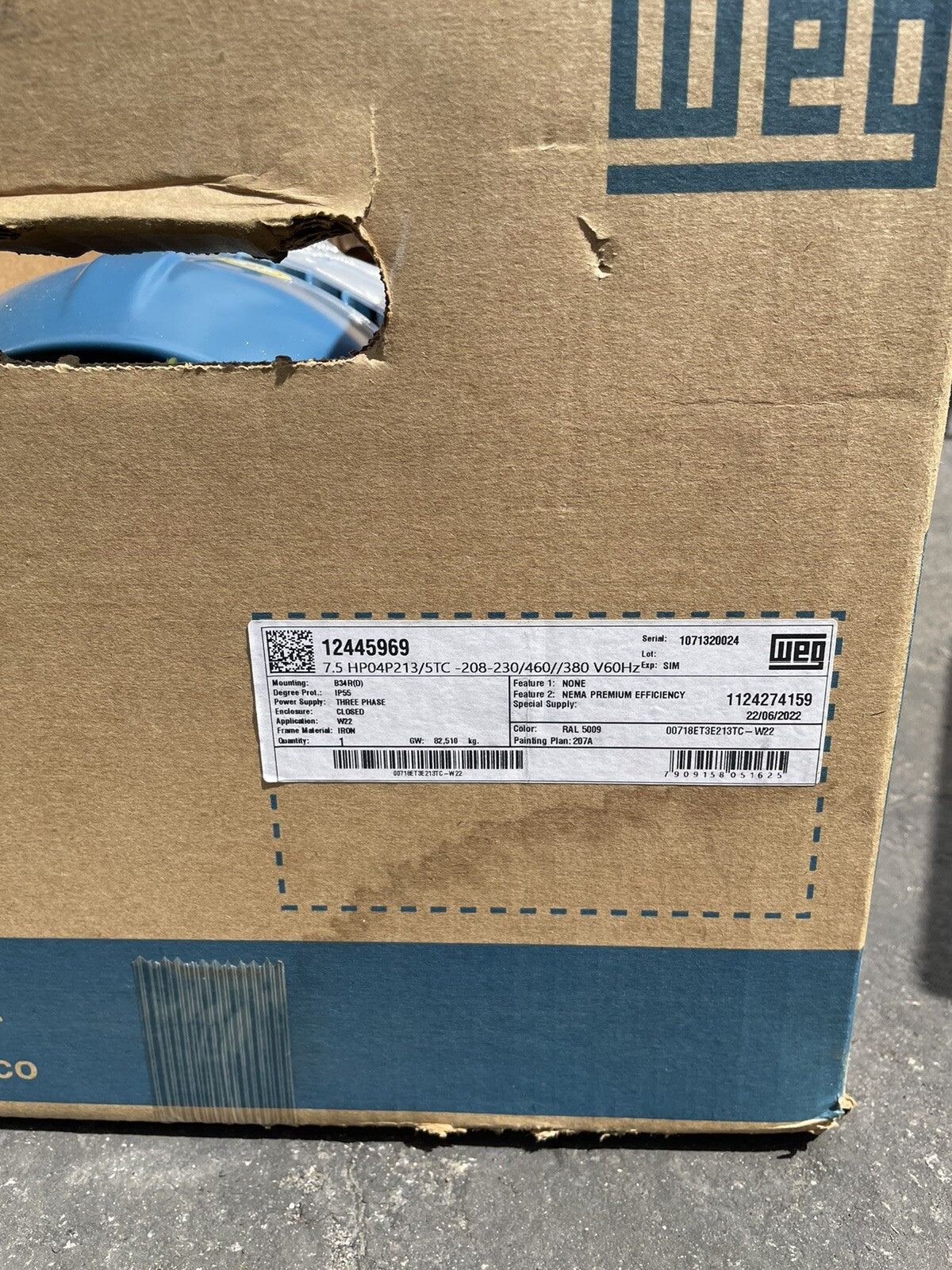 WEG W22 NEMA Premium Efficiency 7.5 HP MOTOR 4P 213/5T 3Ph 230/460 380 V