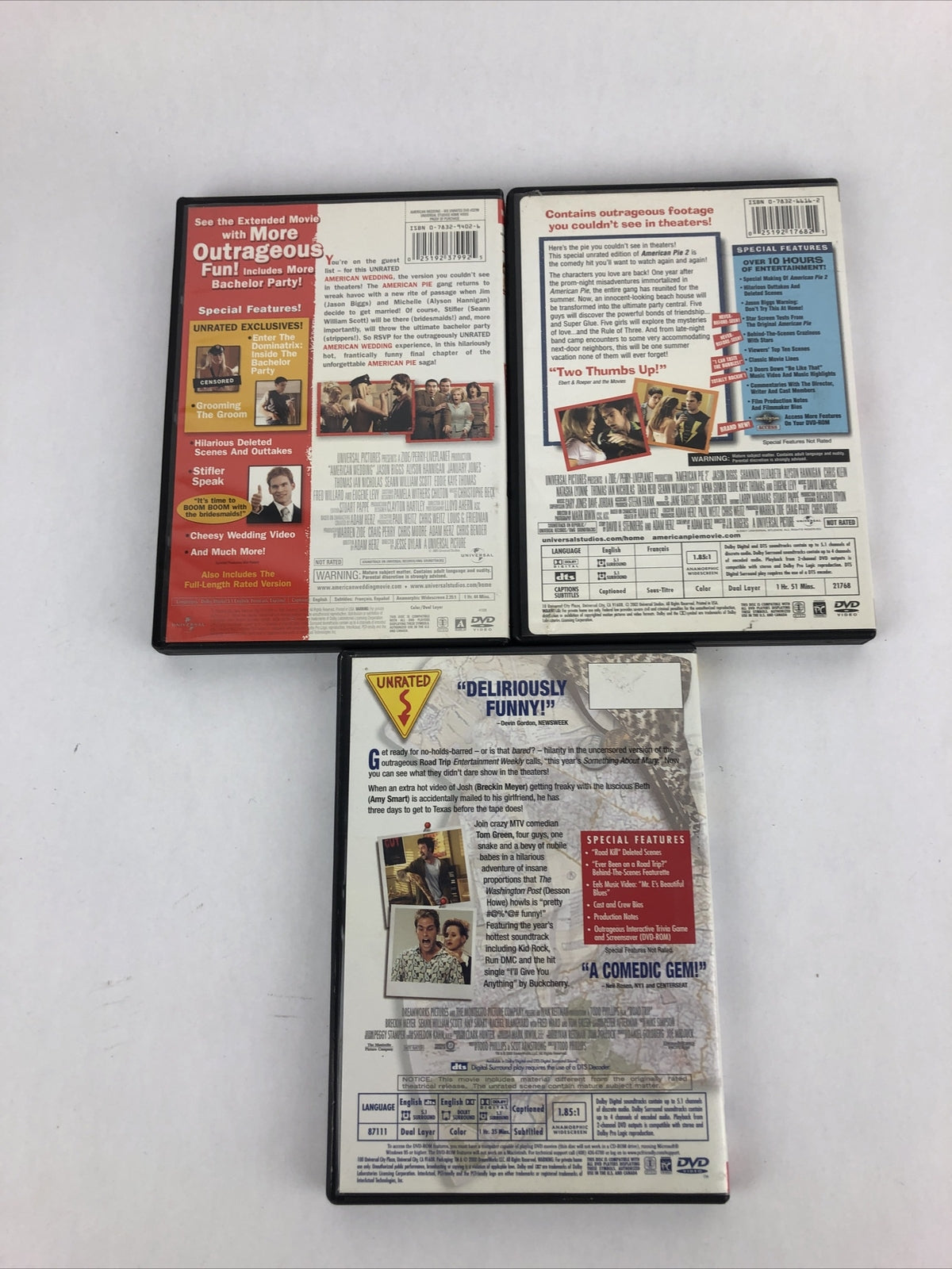 Road Trip , American Pie 2 , American Wedding (DVD, Unrated Version) 3 X DVD Lot