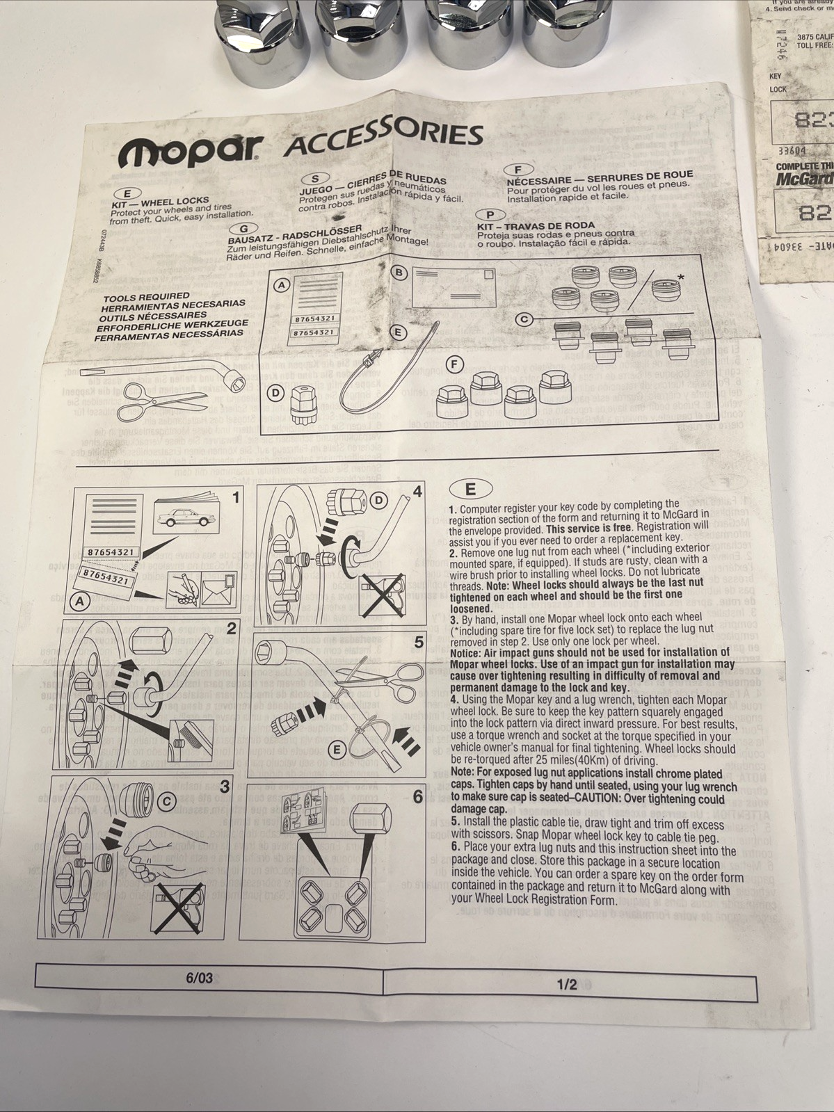 Mopar McGard Chrome Wheel Locking Lock Locking Kit  With ID Card NOS