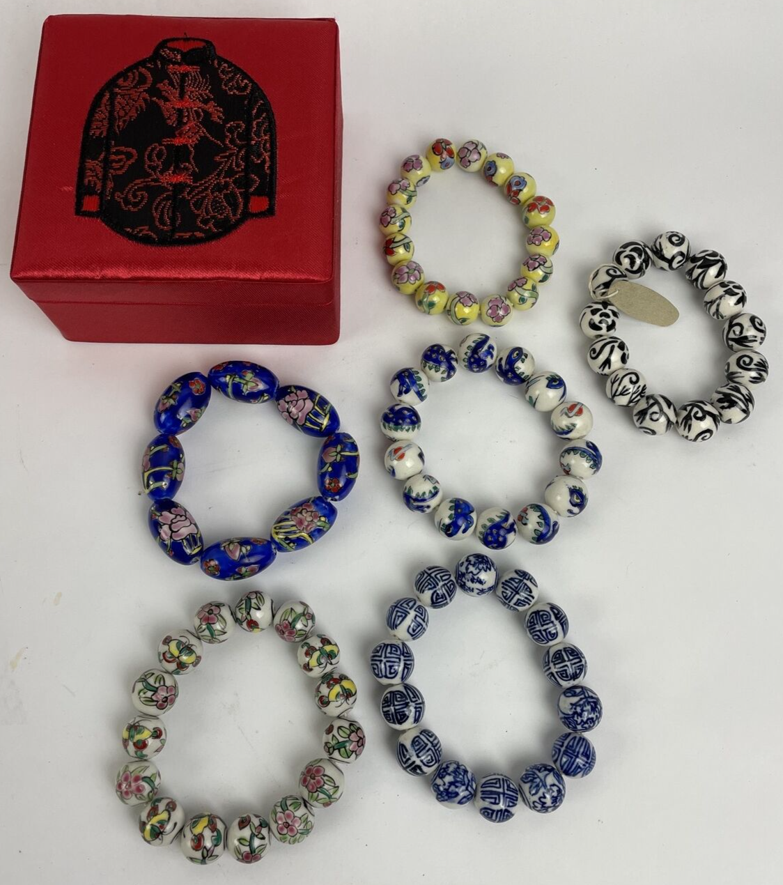 6 Vintage Porcelain Stretched Bracelets China East Asian Hand-Painted Beads