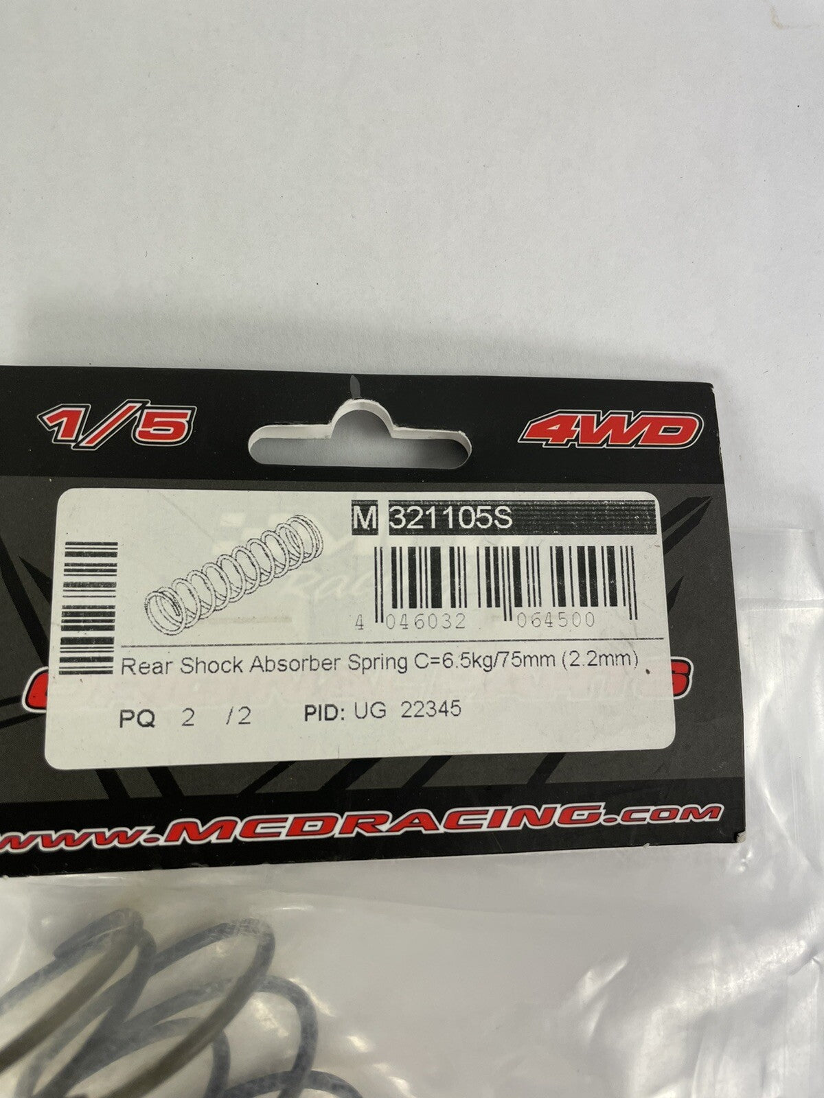 MCD racing RC  : 2 x Rear Shock Absorber Spring C=6.5kg/75mm (2.2mm)
