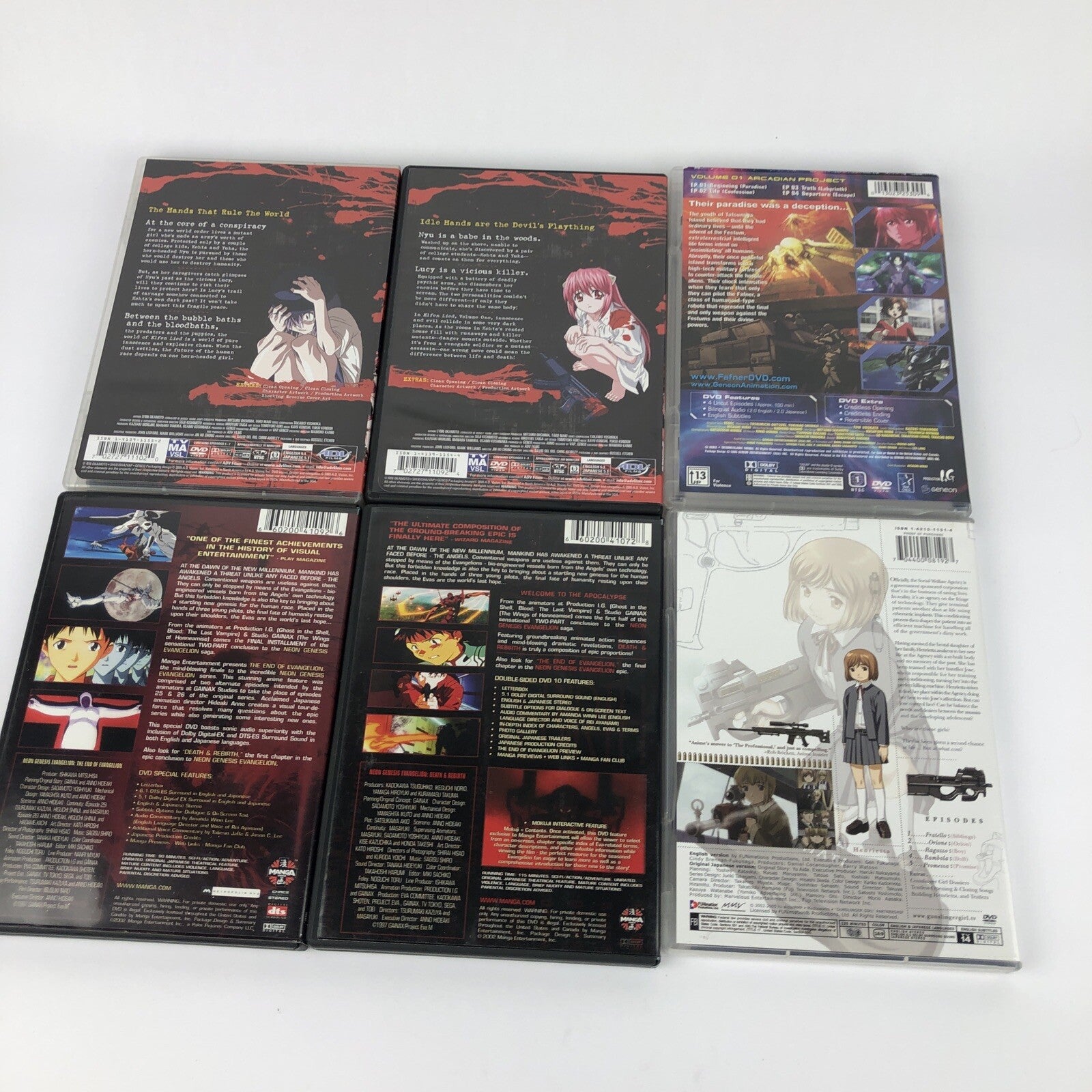 ANIME DVD LOT  Elfen Lied Vector  1 , 2 Gunslinger Girl Fafner Neon Genesis x 2