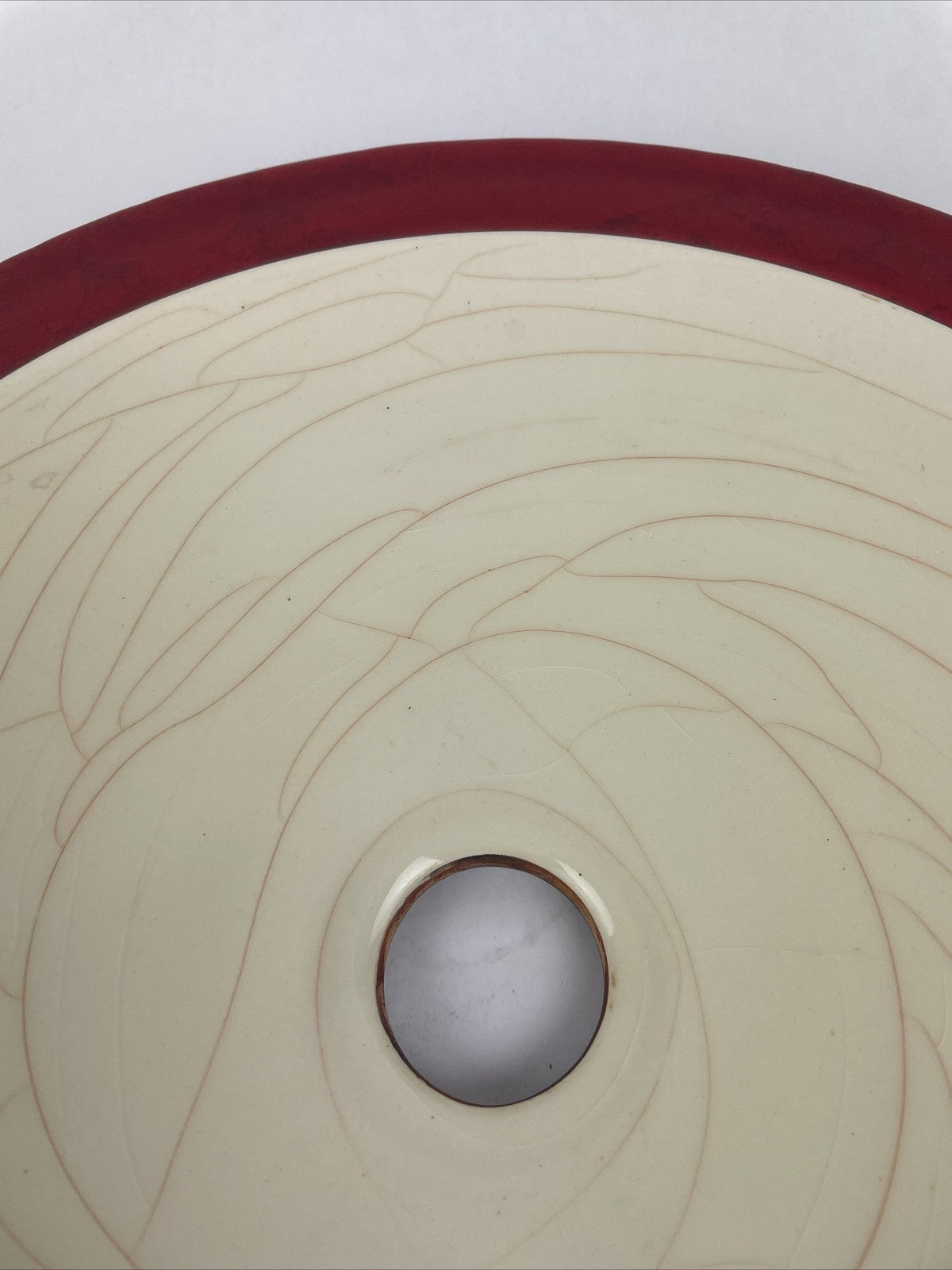 Round Designer Glass Vessel Sink Creme w Metal Red Modern Decor Design OD 15.25"