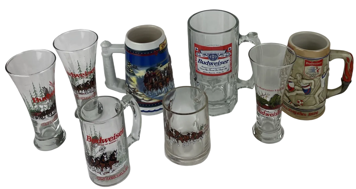 8 x Budweiser Barware Lot Mug Pint Glass  Stein Lizard Olympics Anheuser Busch