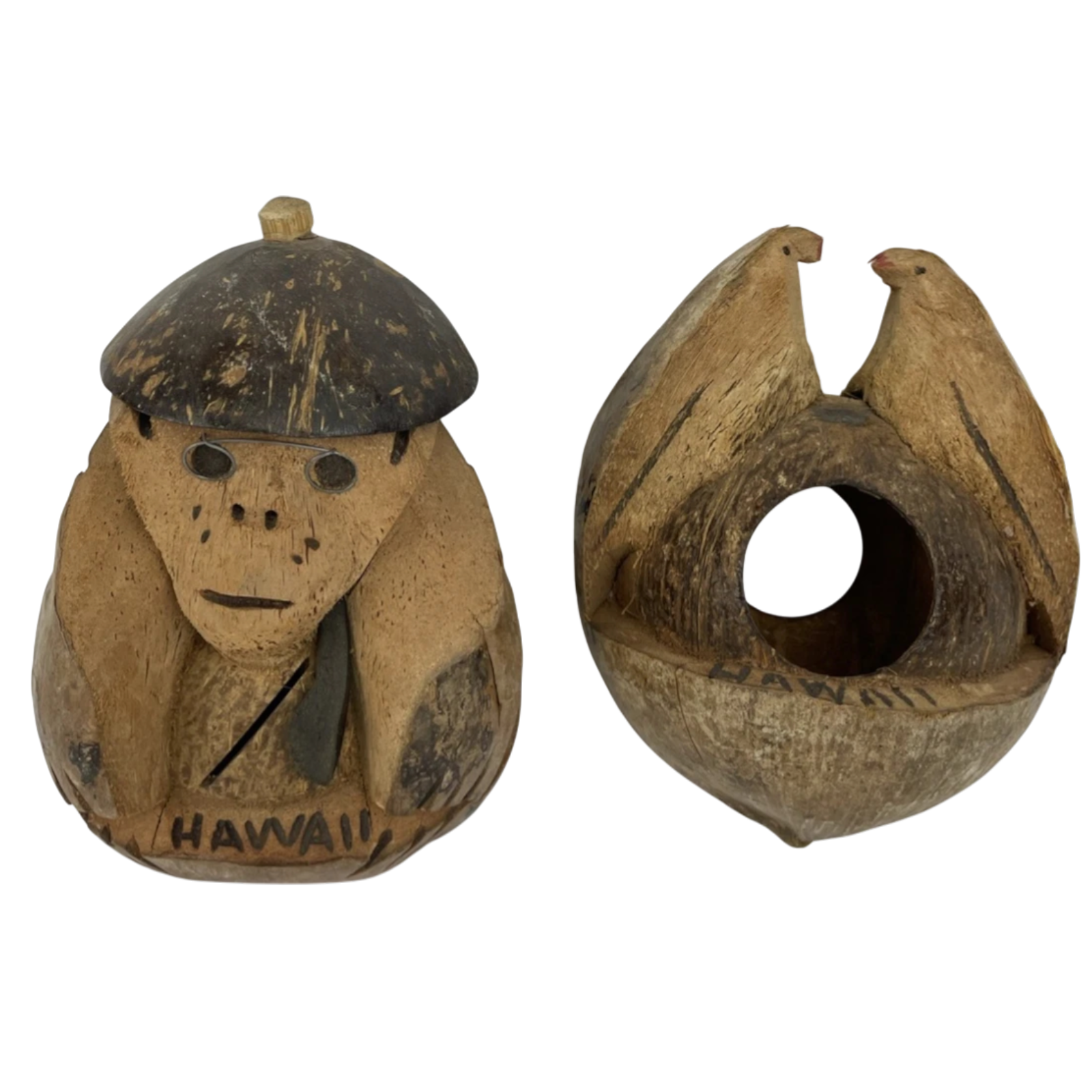 2 x Hawaii Coconut Carved Hand Made Tribal Native Birds Monkey Decor Hanging