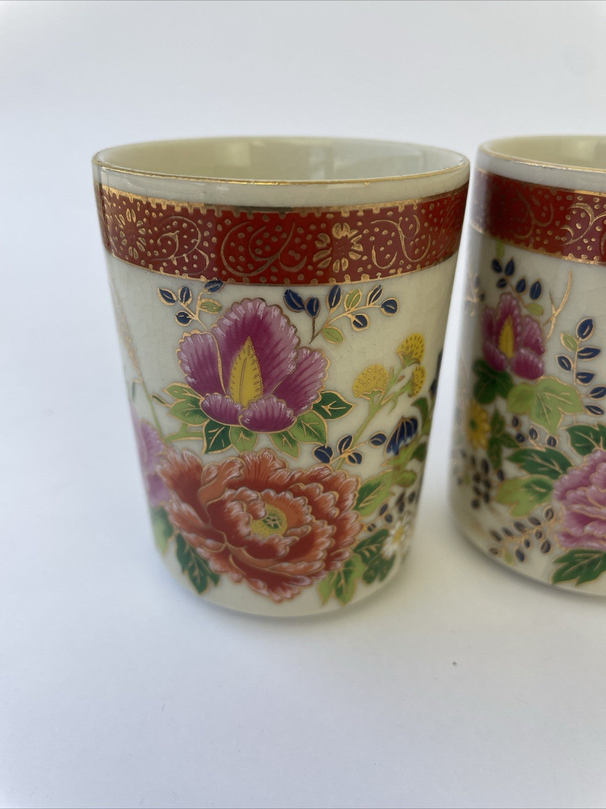 4 x Satsuma Japan Saki Crackled Teacup Hand Painted Floral Design 3.25" x 2.5"