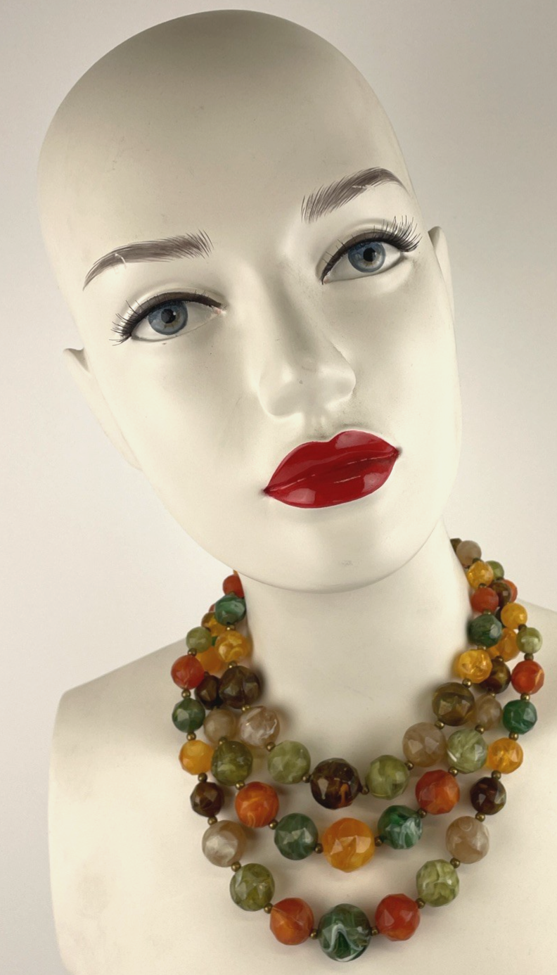 Colorful Lucite Acrylic Glass Large Bead Triple Strand Necklace Vintage Piece