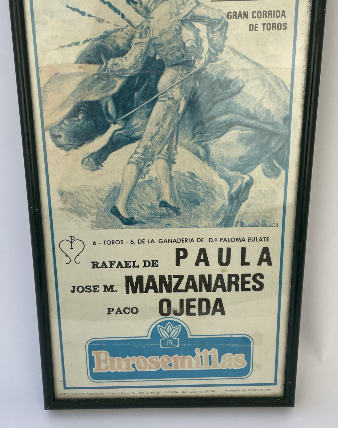JEREZ Feria Del Caballo SPAIN Bullfighting Framed Vintage Poster 1987 19" x 8"