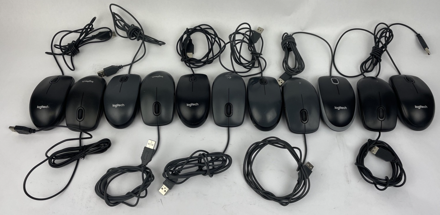 Lot of 11 Logitech Optical Corded Mouse USB 3 Button Computers B100 M100 Assorte