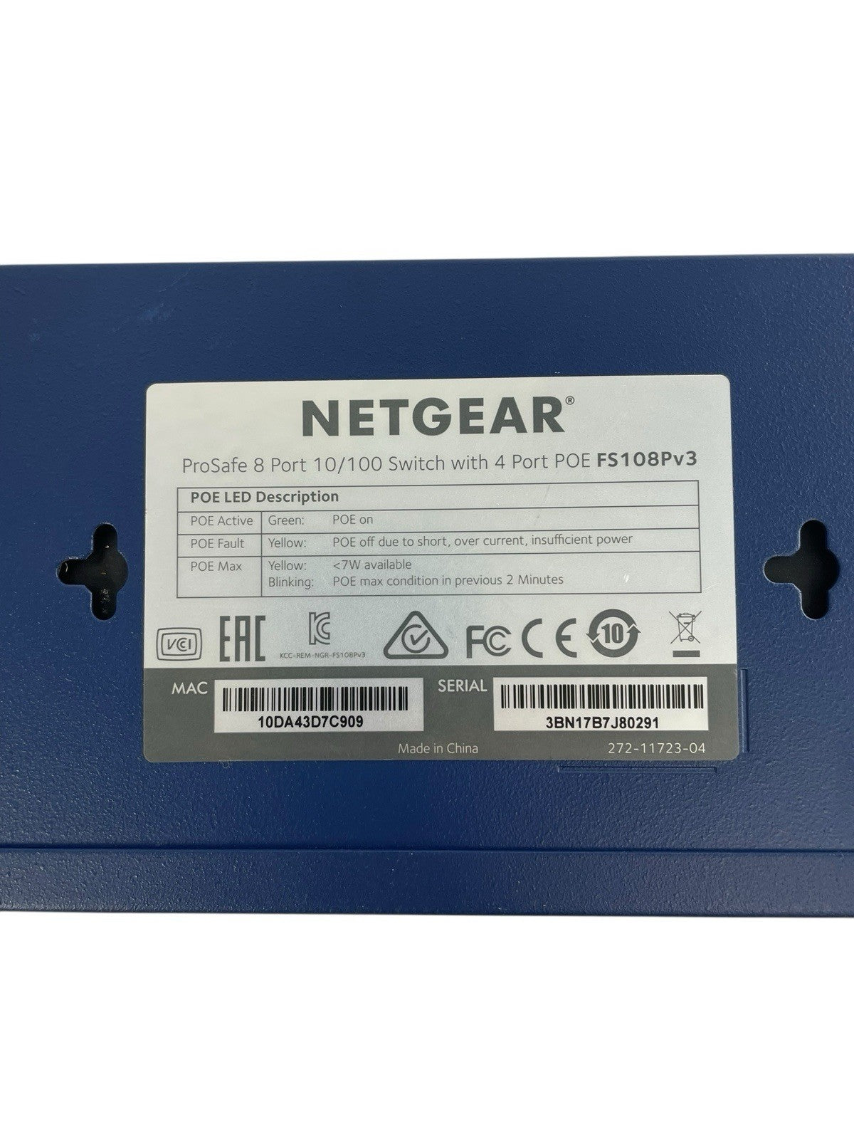 NetGear ProSafe FS108P  8 Port 10/100 Switch 4 Port PoE with power supply