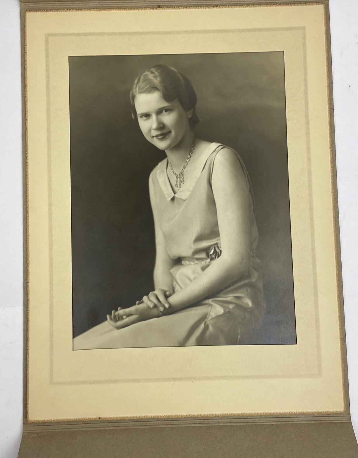 Antique Photo Pretty Young Girl Posing  1920s Period Clothing in Frame Card 7x9