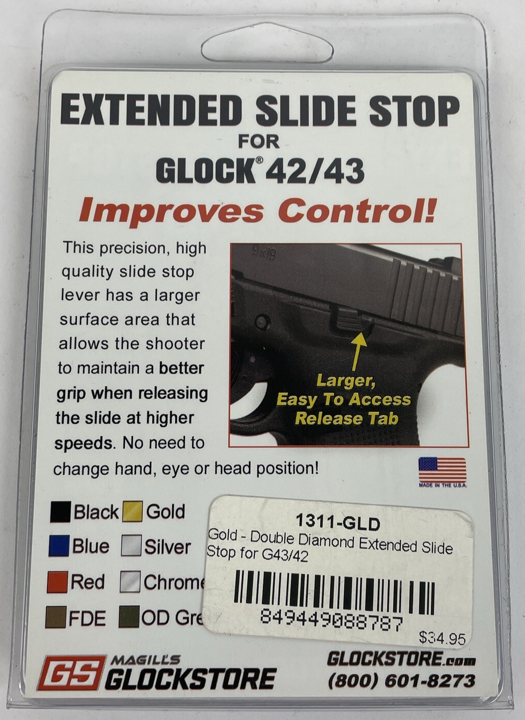 Magill's GS Glock Store Extended Slide Stop for Glock 42/43 Gold Made in the USA