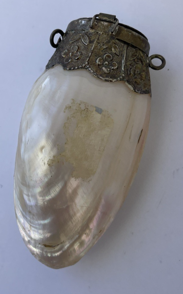 Vintage Mother of Pearl Shell Hinged Scent Bottle, Snuff Box Carved Front w Red