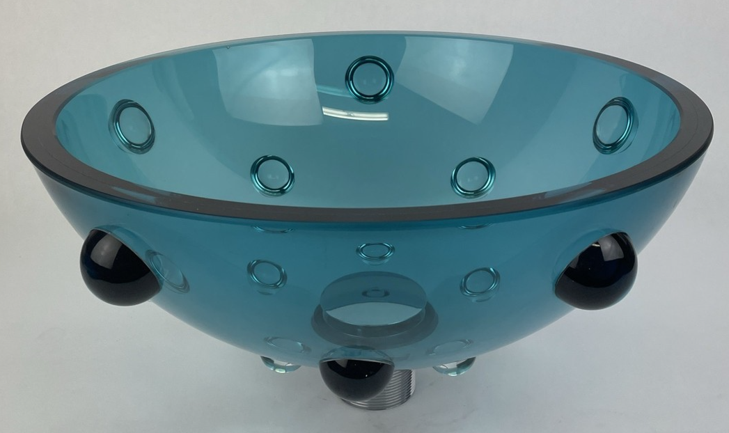 VITRAFORM Freestanding Glass Sink OD 14.5" Light Blue Finish w Designer Drain