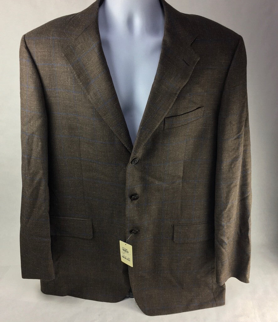 Faconnable Mens Blazer Brown Windowpane Long Sleeves Notch Lapel Lined 54L New