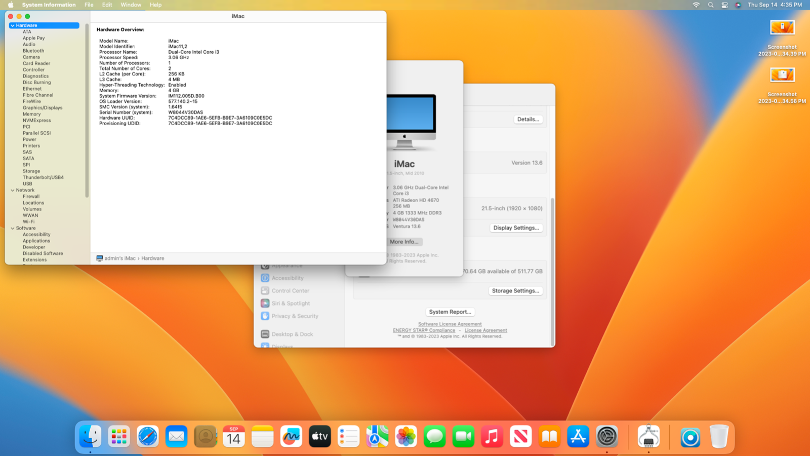 Apple iMac 21.5" Core i3 3.06GHz 4GB 512 GB SSD Desktop - macOS Ventura 13.6
