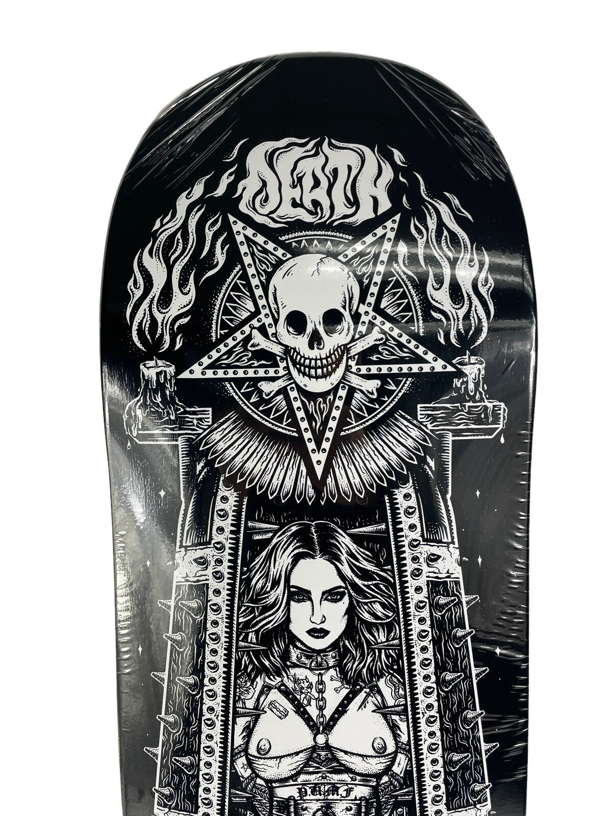 Death Skateboards Eddie Belvedere Maiden Pro 8.25-inch skateboard deck with Tapered Square FA Nose and signature Maiden graphic.